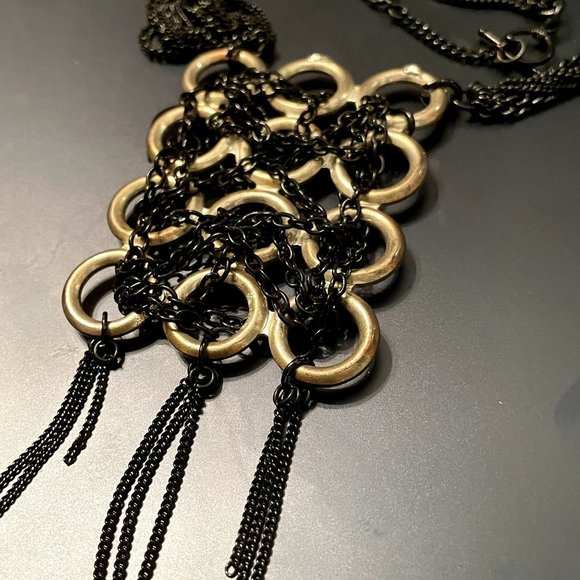 4 for $20 Sale Unique Black Chain Wrapped Silver Tone Hoop Artisan Pendant - Picture 3 of 6